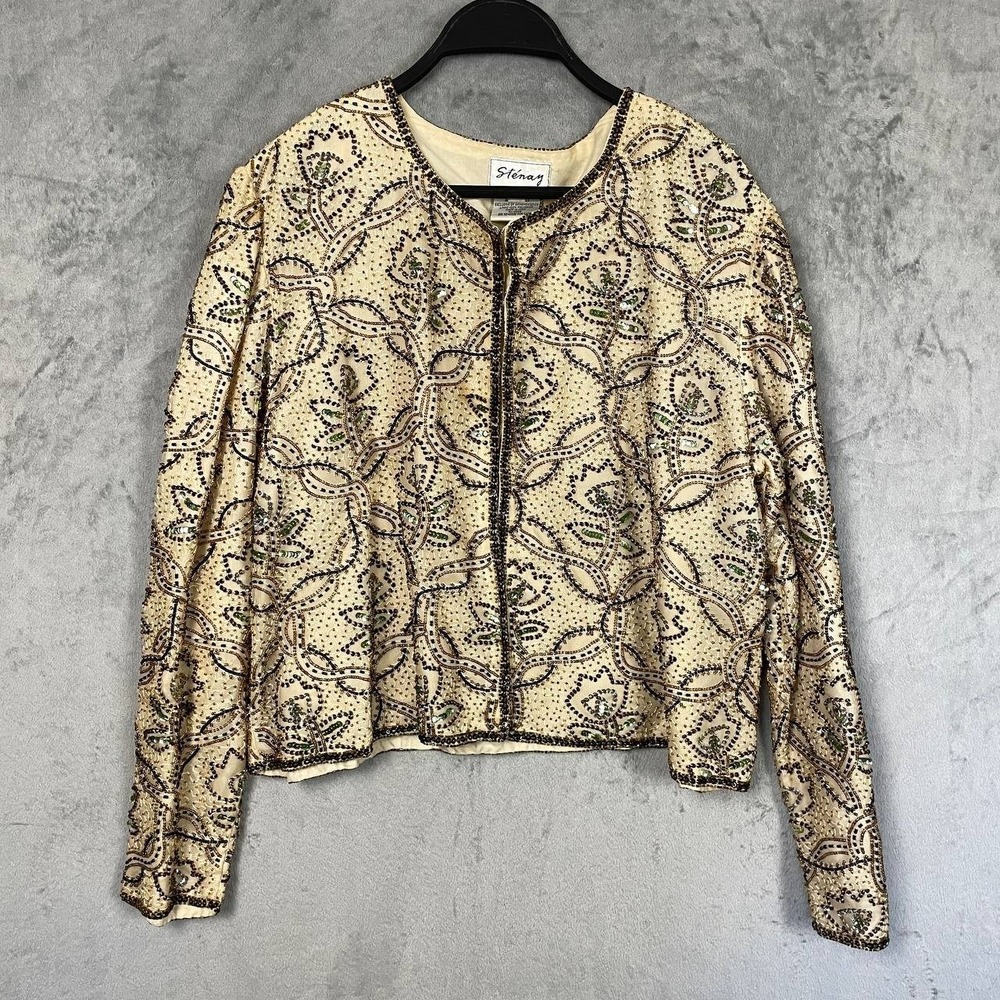 Vintage Stenay 100% Silk Beaded Sequin Embroidered Cropped Jacket Multicolor XL